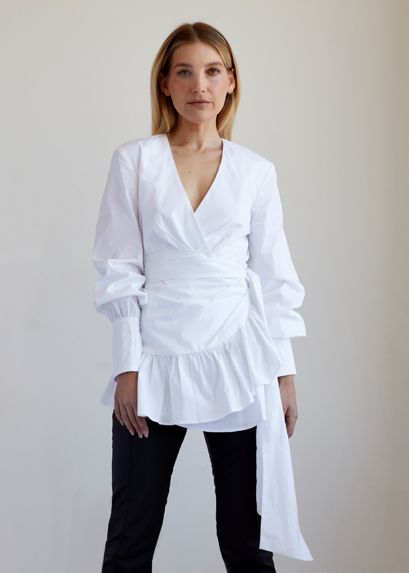 AVERY - Wrap 100% Cotton shirt with frill & side tie