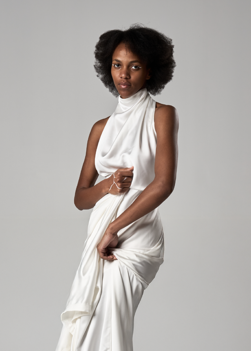 ROSÉ - Full length sequin dress with high halter neck and back tie detail
