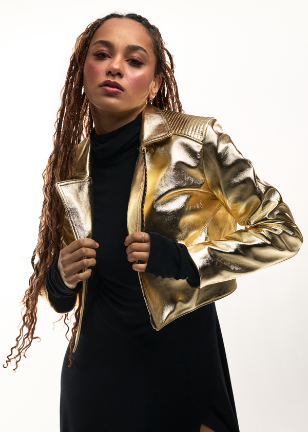 BLONDIE PLATINUM - Cropped Metallic Leather jacket with Gold hardware.