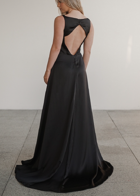 INES - Full length black satin dress with boat neckline and key hole back