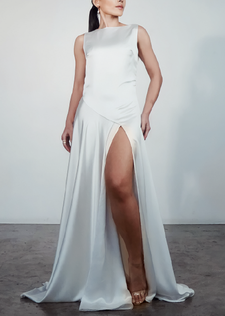 INES - Full length white satin dress with boat neckline and key hole back
