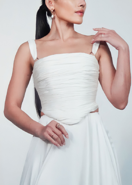 JACQUES - Structured draped bodice with wide strap and gold hardware in white