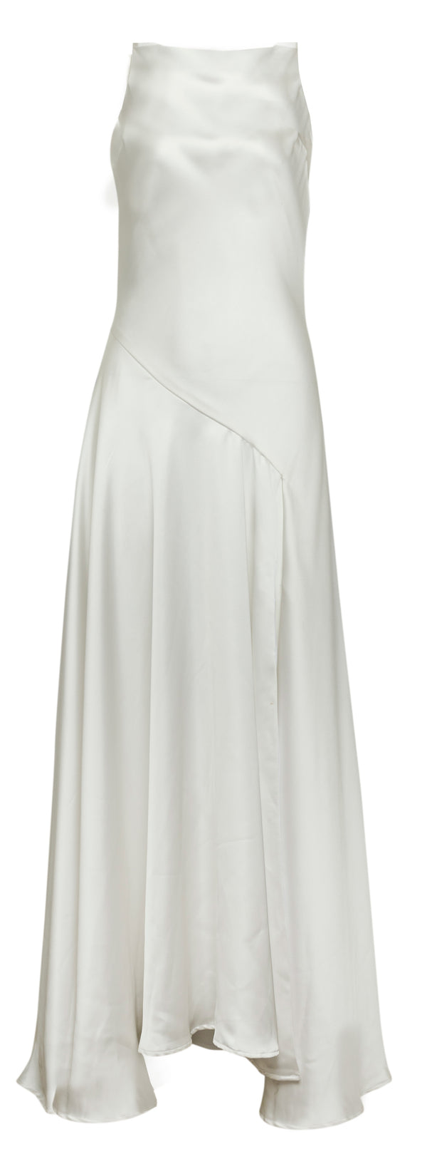 INES - Full length white satin dress with boat neckline and key hole back