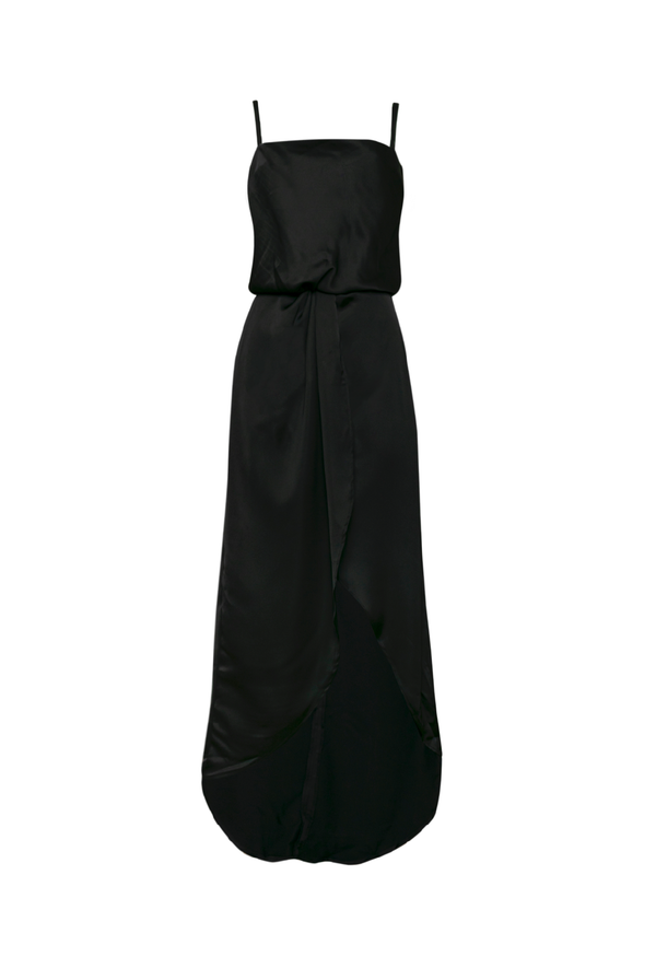 BAMBI BLACK- Slip dress with wrap skirt and square neckline