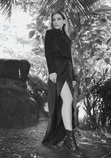 BAMBI BLACK- Slip dress with wrap skirt and square neckline