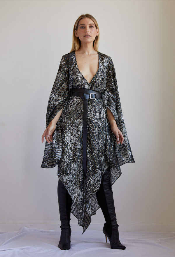 INDIA - Sequin printed silk hankie hem dress